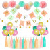 LITAUS Birthday Decoration, Tri-Color Birthday Decorations for Women, Happy Birthday Banner, Tassels, Paper Garland and Flowers, Balloons for Kids Girls Birthday, Birthday Party Supplies
