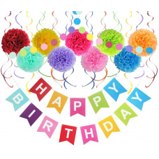 LITAUS Colorful Birthday Decorations, Happy Birthday Banner, Poms Kits, Hanging Swirls, Dot Garland for Rainbow Birthday Party Supplies